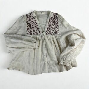 Embroidered Boho Gauze Blouse Womens S/M Ivory Peasant Balloon Sleeve ELENZA